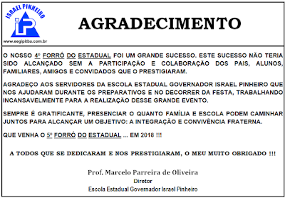 E.E. GOVERNADOR ISRAEL PINHEIRO: Agradecimento - 4º Forró 