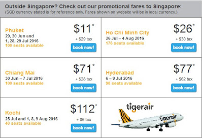 giá vé khuyến mãi tiger air các chặng bay đến Singapore