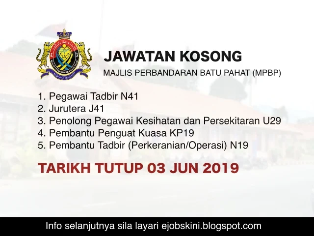 Jawatan Kosong Majlis Perbandaran Batu Pahat (MPBP) Jun 2019