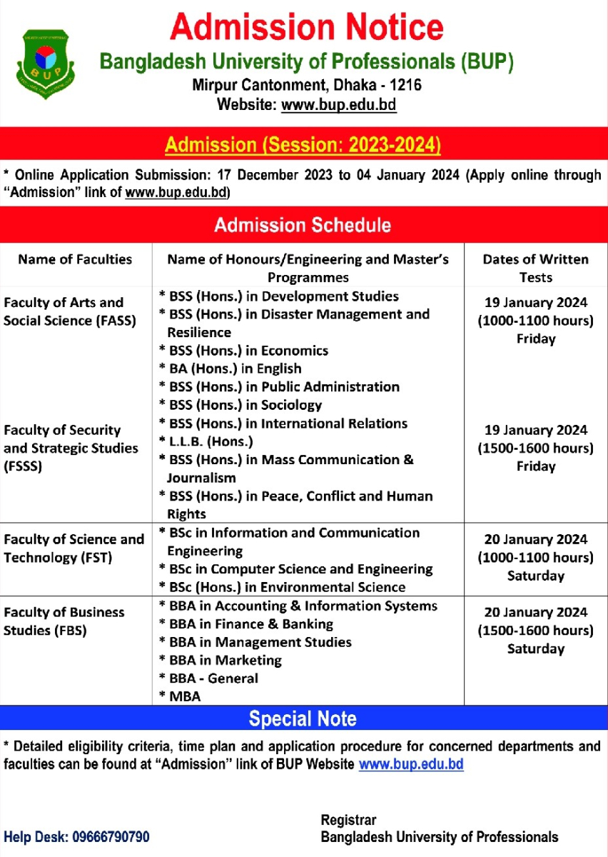 BUP Selection List 2024 BUP Admission Result FSS, FBS, FST, FSSS Short List (Primary Application Result) 1