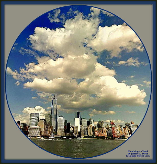 blue sky with cumulus clouds accents view of Freedom Tower from the water in New York City