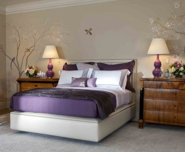 Purple bedroom decor ideas with grey wall and white accent ~ Home Interior and Decoration