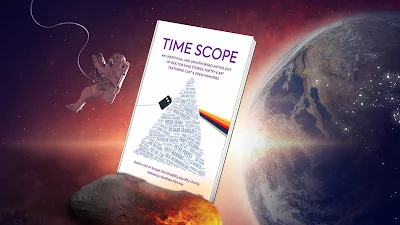 A mockup of the Time Scope 2020 book cover floating in outer space