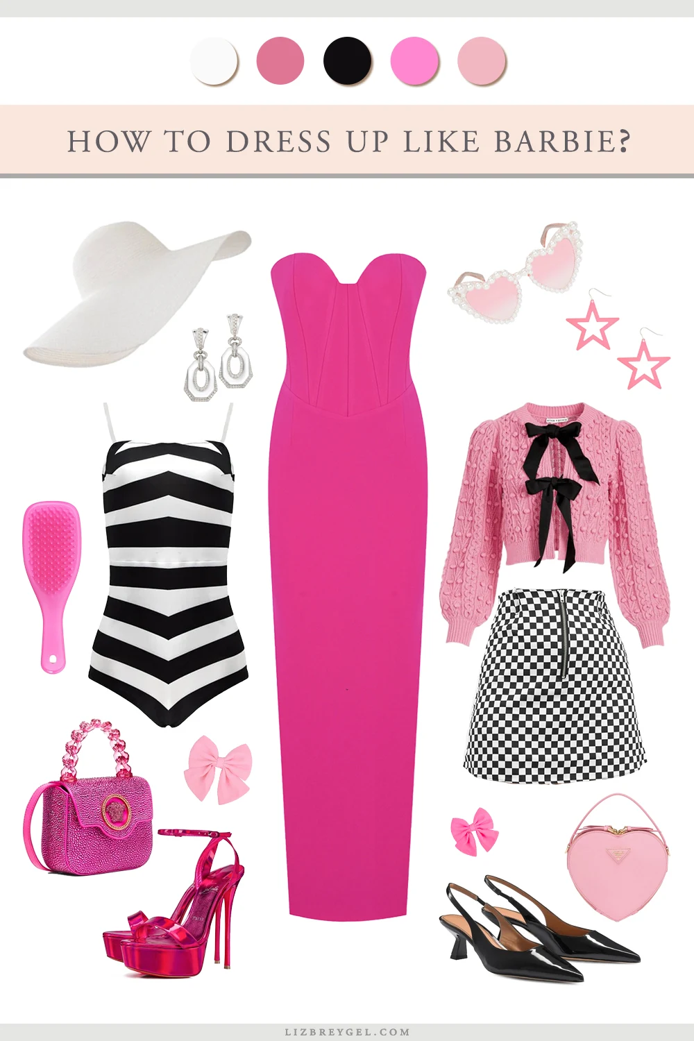fashion collage with various fashion pieces and accessories inspired by the Barbie doll style