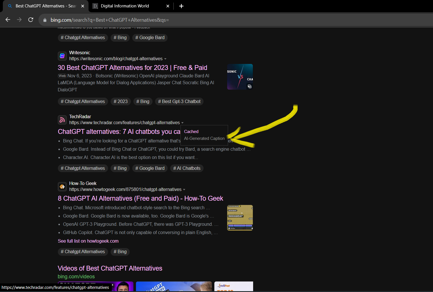 A search result page of "Best ChatGPT alternatives" in Bing