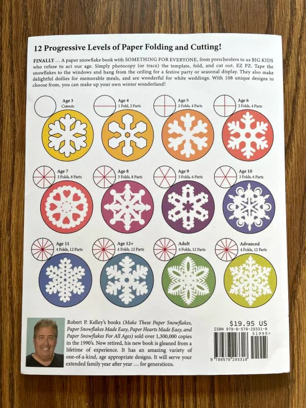 back cover of Paper Snowflakes for the Whole Family shows author's photo and bio, and twelve examples of age-appropriate paper snowflake templates