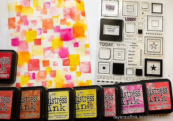 Layers of ink - Bright Squares Background Tutorial by Anna-Karin Evaldsson. Stamp with Simon Says Stamp Mix and Match Squares stamp set.