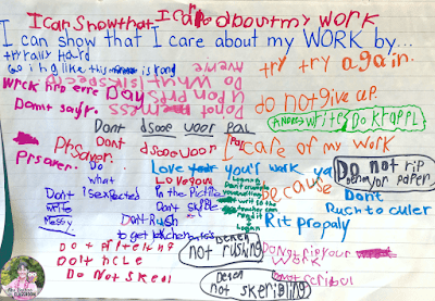 Anchor chart that shows student brainstorming about how they can show they care about their work.