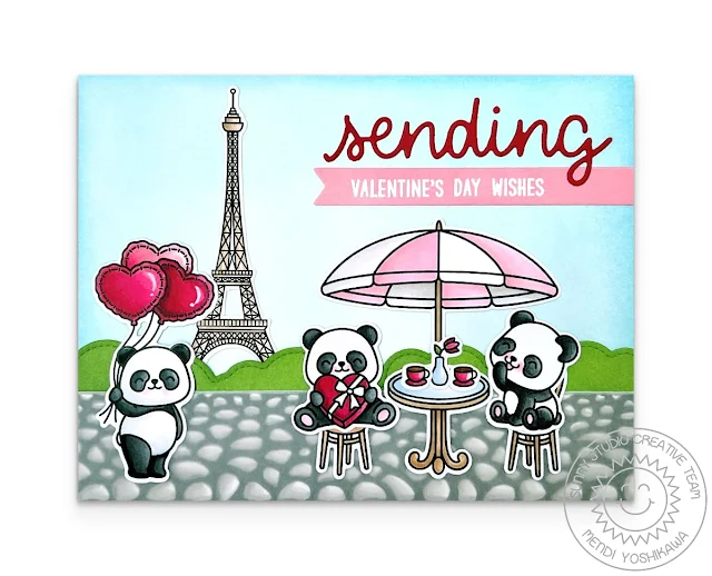 Sunny Studio Panda Bear Valentine's Day Card by Mendi Yoshikawa using Bighearted Bears, Sprawling Surfaces & Paris Afternoon Stamps