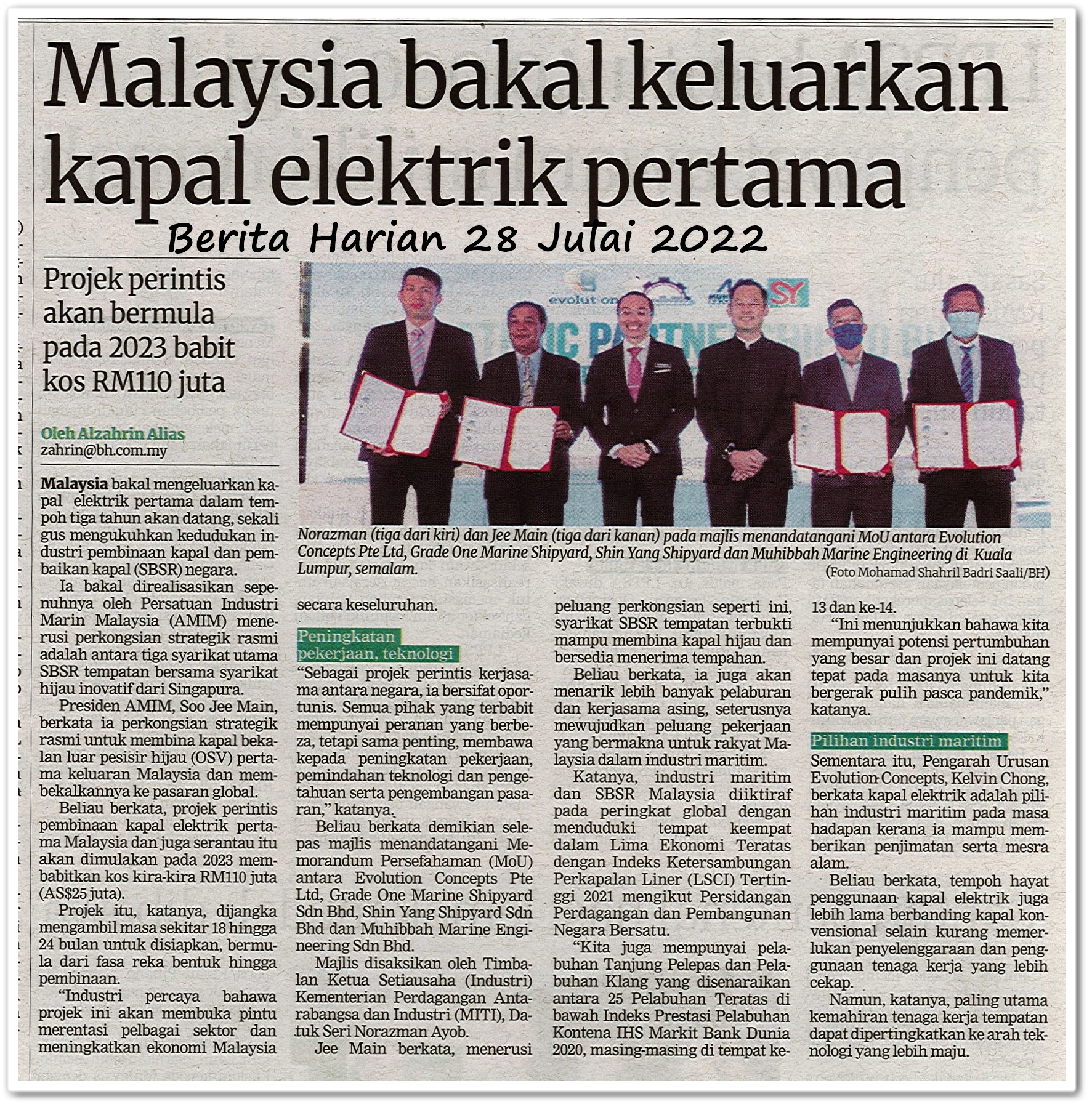 Malaysia bakal keluarkan kapal elektrik pertama - Keratan akhbar Berita Harian 28 Julai 2022