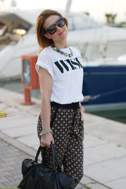 wish t-shirt, pull & bear baggy pants, Balenciaga bag, fashion and cookies