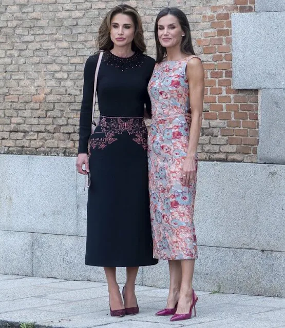 Queen Letizia wore a new floral print midi dress by Diego Estrada. Queen Rania wore a new black midi dress by Dior