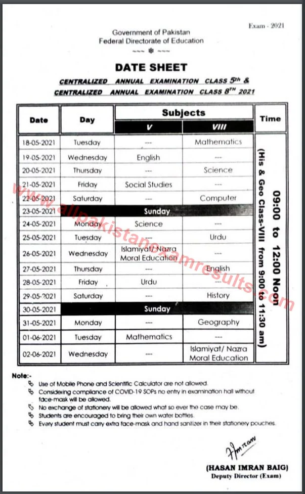 Date Sheet FDE Annual Exam 2021 Class 5th & 8th