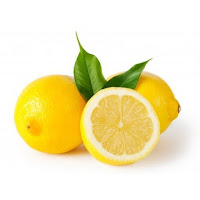 On a white background, two-and-a-half lemons sit with a sprig of green leaf between them. They look very fresh and plump!