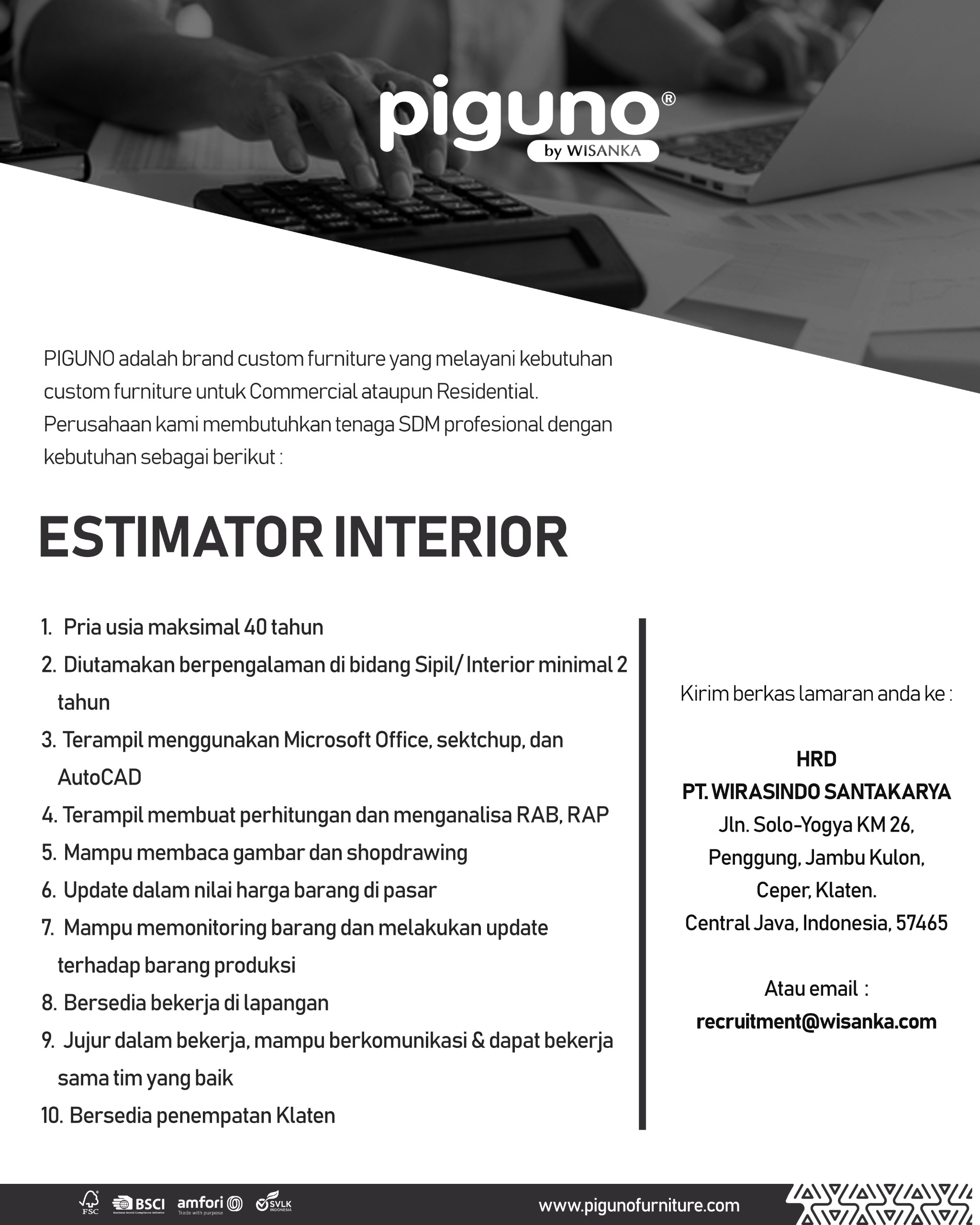 Loker Klaten & Jakarta Estimator Interior, Sales Interior, Marketing di PIGUNO by Wisanka