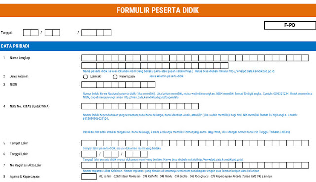 Formulir Peserta Didik Dapodik Tahun 2018