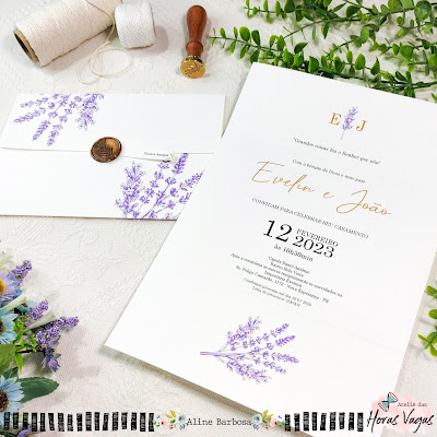 convite de casamento personalizado floral boho chic rústico estampa lavanda lilás delicada festa campo ar livre praia aniversário 15 anos