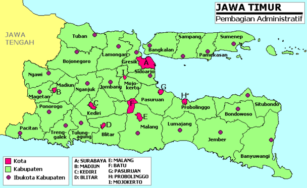 Peta Provinsi Jawa timur beserta Kabupaten dan kota