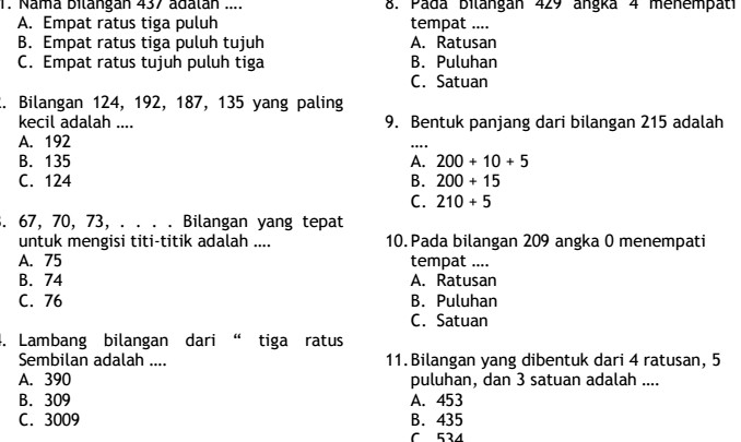              Soal Ulangan Matematika Kelas  Soal Uas Matematika Kelas 3 Sd Semester 1