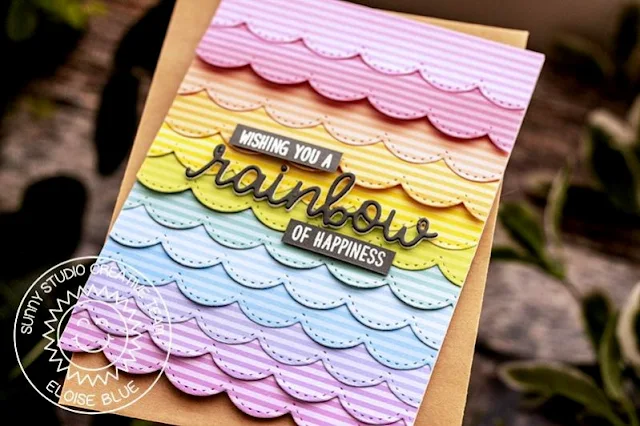 Sunny Studio Stamps: Over The Rainbow Stitched Scallops Rainbow Word Die Rainbow Themed Card by Eloise Blue