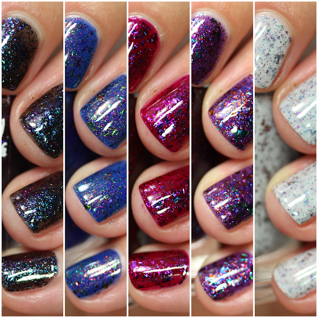 five nail polishes ranging from black to grey with sparkle and flakes