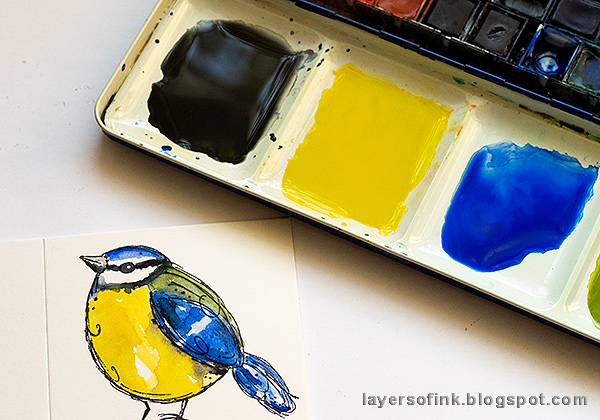 Layers of ink - DIY Watercolor Birds Pen Holder by Anna-Karin Evaldsson. Watercolor the blue tit.