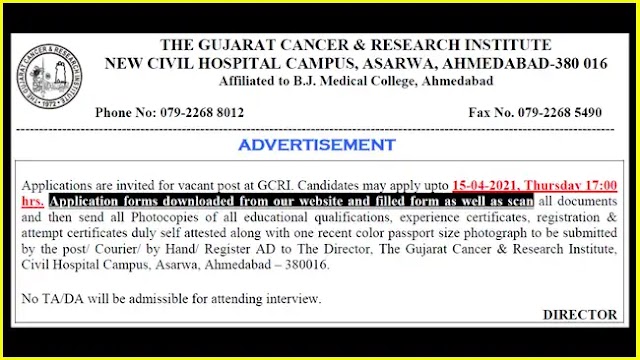 Gujarat Cancer & Research Institute (GCRI) Invites Application for 86 Teaching, Non Teaching Posts, Apply Before 15th April 2021