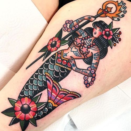 colourful-mermaid-with-trident-old-school-design-tattoo