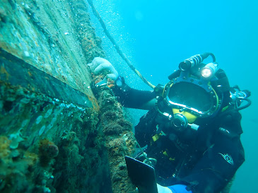 Diver cleaning marine Growth Ship