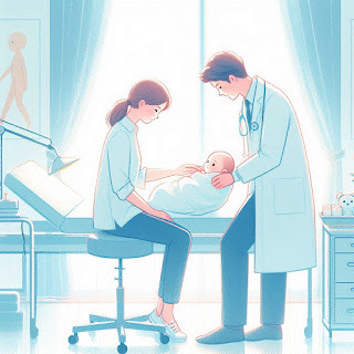 A parent and baby in a caring medical environment, where gentle support is provided.