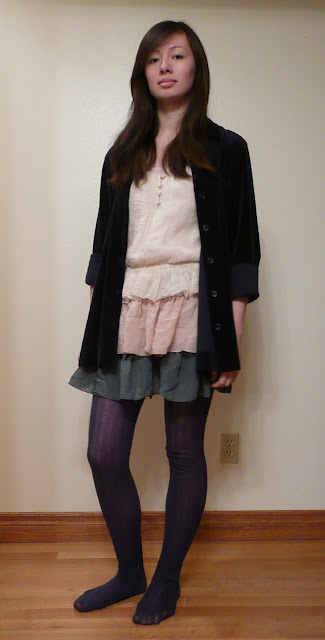 outfit ruffle dress cream pearl buttons leather straps blue velvet button down navy tights