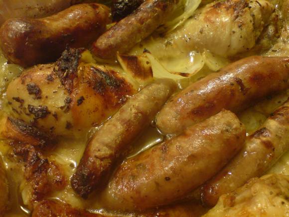 roast chick and sausages