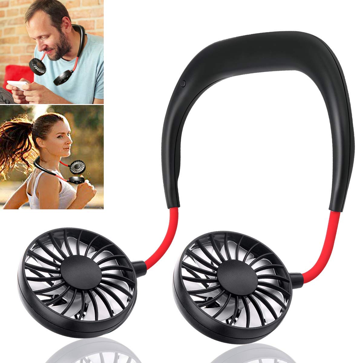 Portable Hand-Free Mini Personal Neck-Hanging USB Rechargeable Neckband Cooling Double Fan with LED Light