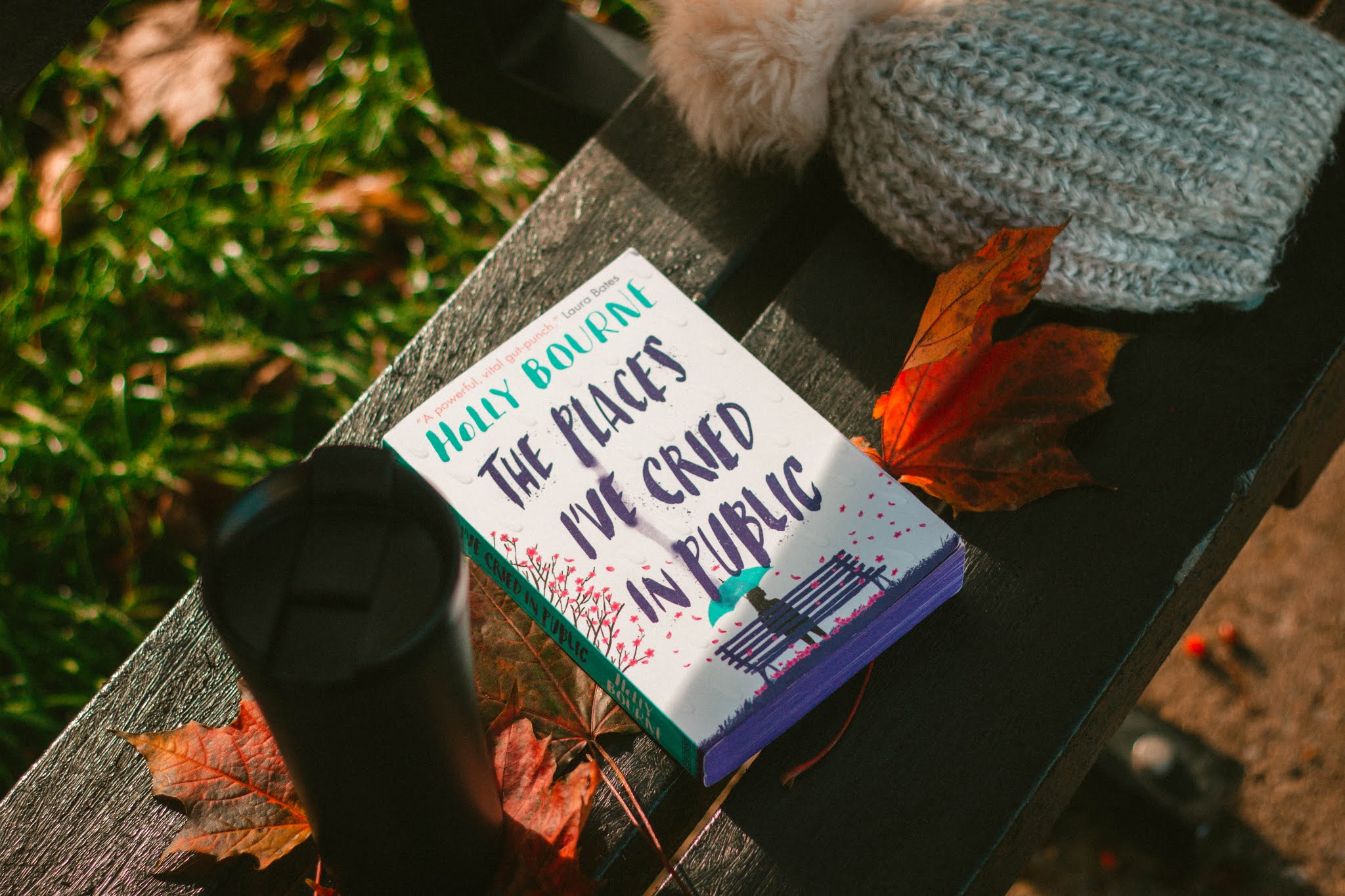 The Places I've Cried in Public by Holly Bourne - on public bench with autumn leaves. YA book review