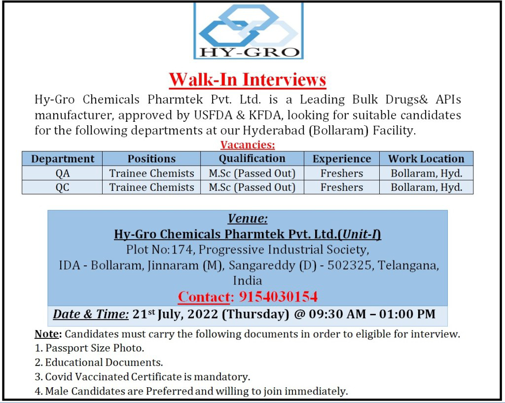 Job Available's for Hy-Gro Chemicals Pharmtek Pvt Ltd Walk-In Interview for Fresher’s/ MSc