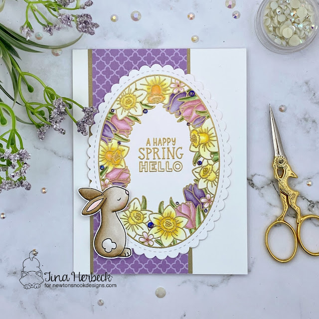 Spring Floral Card by Tina Herbeck | Spring Blooms Oval Stamp Set, Oval Frames Die Set, Spring Blooms Paper Pad and Bitty Bunnies Stamp Set by Newton's Nook Designs