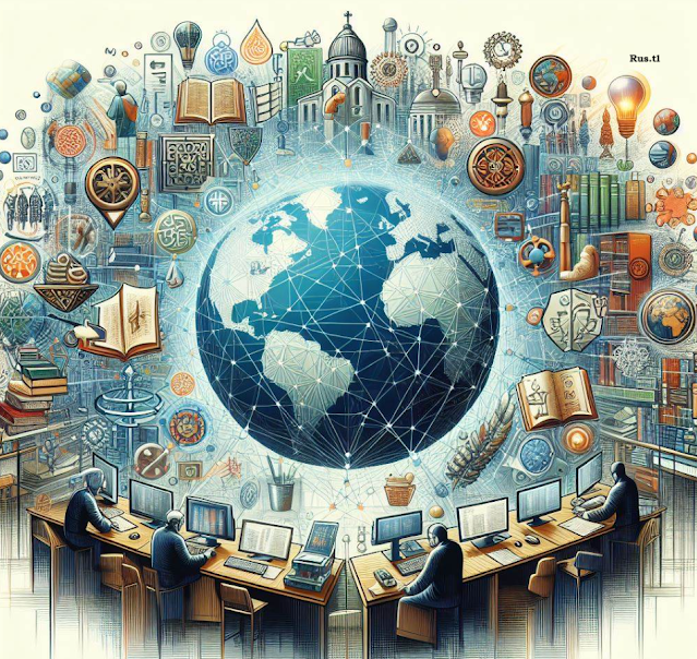 an engaging and visually compelling illustration for the "Global Digital Theological Library" article cover, depicting a world of interconnected theological knowledge