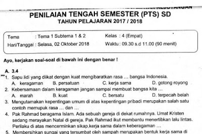 soal UTS atau Penilaian Tengah Semester  Soal Ulangan Perguruan Tinggi Swasta Kelas 4 Tema 1 Subtema 1 & 2