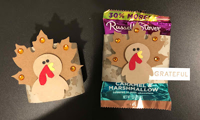 turkey punch art candy wrapper and turkey punch art napkin ring. cardstock candy wrapper is wrapped around a chocolate marshmallow pumpkin candy. Thanksgiving, punch art, penguin builder punch, Painted Pheasant, 3D, treat holder