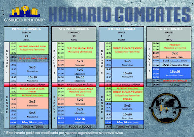 Programa de los horarios de las luchas del Mundial de combate Medieval Castillo de Belmonte.