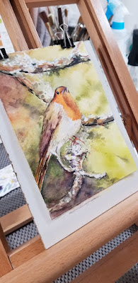 Meeting The New Day, 5" x 7" watercolor of European robin.