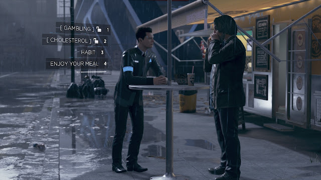 Screenshot of Connor talking to Hank while he's eating a hamburger