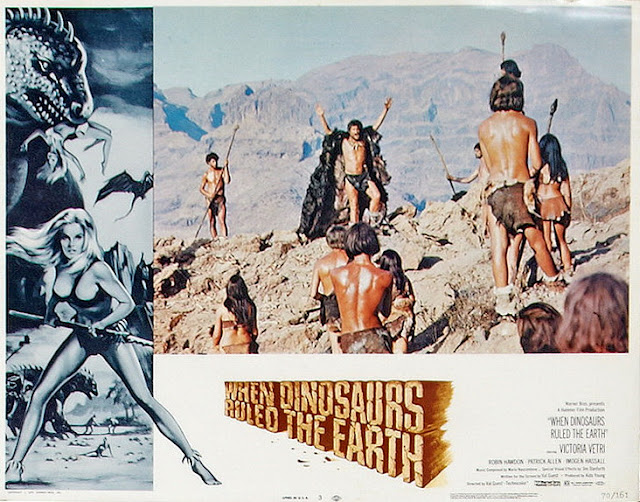 WHEN DINOSAURS RULED THE EARTH. Estados Unidos. Lobby Card: 36 x 28 cms. Ilustraciones: Tom Chantrell.  CUANDO LOS DINOSAURIOS DOMINABAN LA TIERRA. When Dinosaurs Ruled the Earth. 1970. Reino Unido. Dirección: Val Guest. Reparto: Victoria Vetri, Patrick Allen, Robin Hawdon, Drewe Henley, Sean Caffrey, Magda Konopka, Imogen Hassall, Patrick Holt.