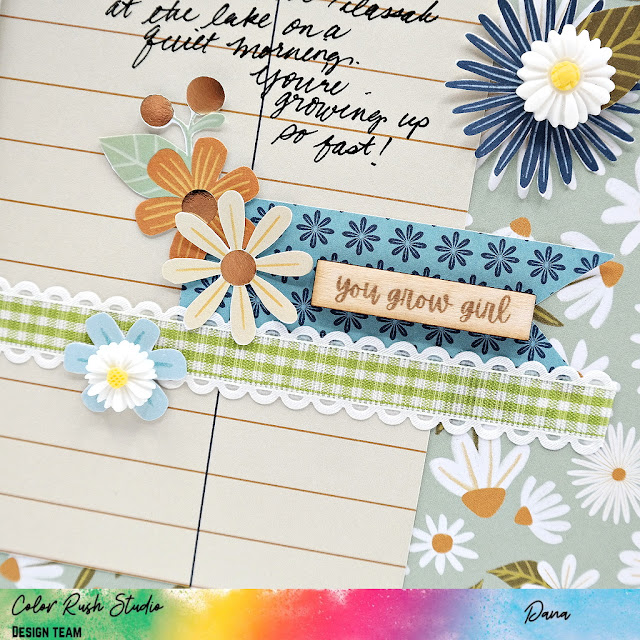 Daisy inspired Spring scrapbook layout created with the Pink Paislee Joyful Notes collection and wood and resin embellishments from Color Rush Studio.