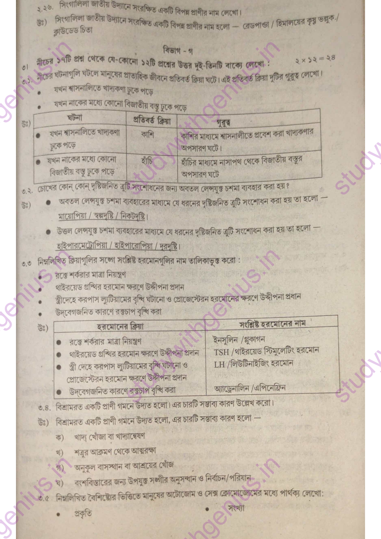 WBBSE Madhyamik Life Science Subject Question Papers Bengali Medium 2018