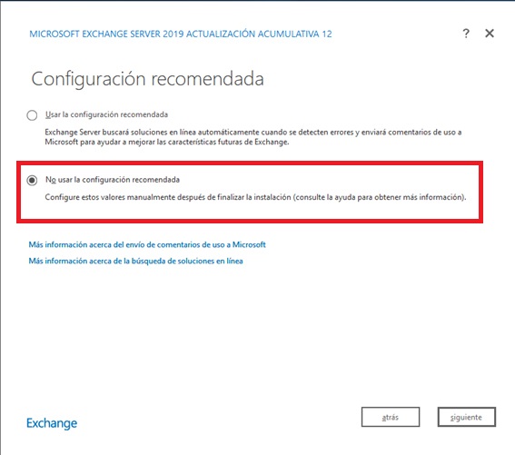 configurar los valores manualmente después de finalizar la instalación de Microsoft Exchange 2019