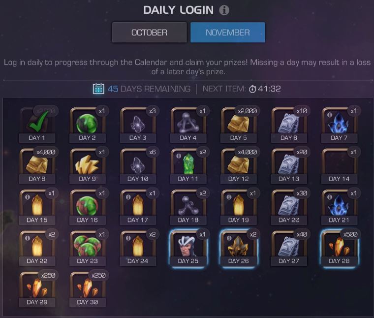 November 2019 Daily Login Calendar for Summoner Title Players