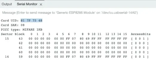 Serial Monitor shows the functioning access card's UID read from the RC522.