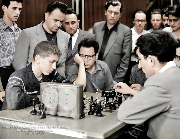 Fifteen-year-old chess player Bobby Fischer of Brooklyn, N.Y., watches a move made by Soviet grand master Tigran Petrosian during a practice game at the Central Chess Club in Moscow, June 30, 1958.