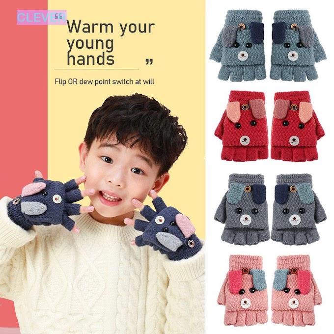 [ clever.vn ] CLEVER New Hot Knitted Mittens Boys Girls Half Finger Flip Cover Kids Gloves Cartoon Rabbit Cute Winter Baby Thick Warm/Multicolor